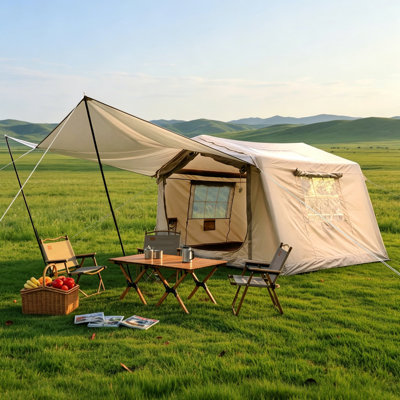 8 ft. x 11 ft. Beige 4 Season Oxford Inflatable Camping Tent with Canopy and Hand Pump (4-8 Person)