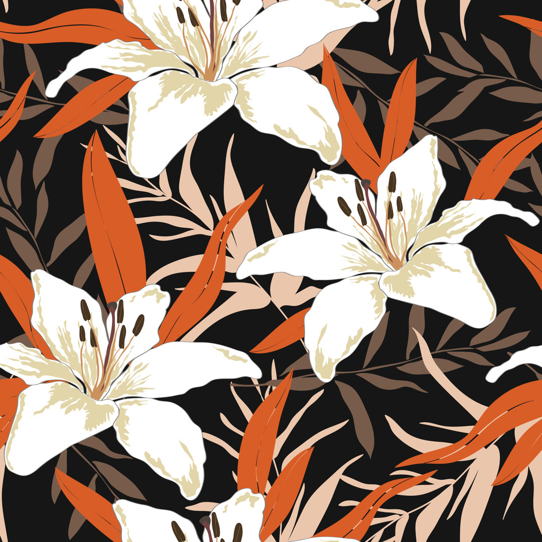 Aakeem Lily Flowers With Branches And Leaves Scattered Random - Wrapped Canvas Graphic Art