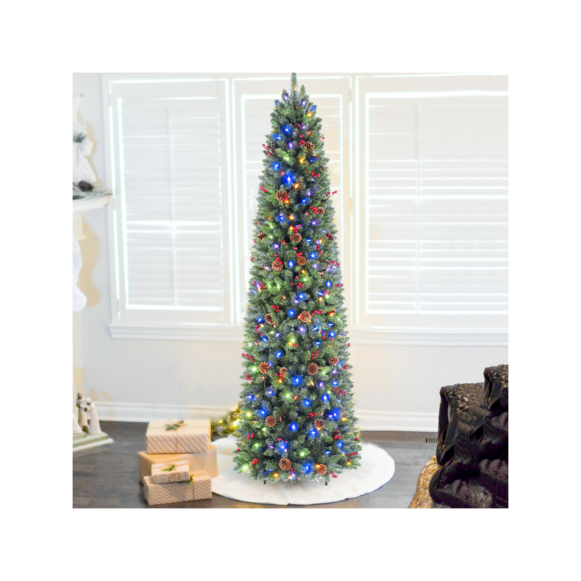 Artificial Slim Christmas Tree Multi-Color LED Lights Dual Color Remote Control, 9'