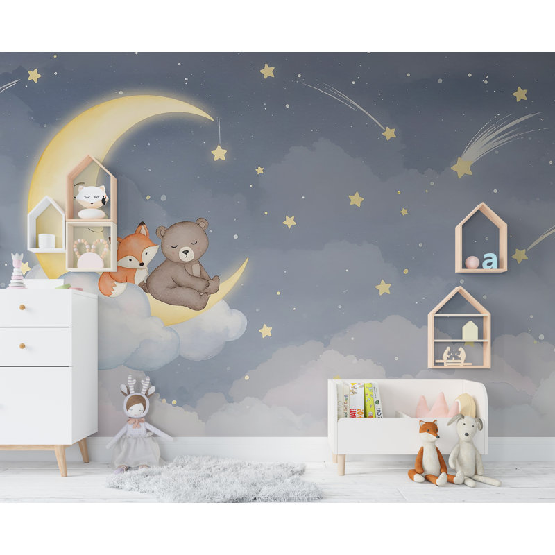 Bear and Fox On Moon, L 165 po x l 120 po, Texture de toile de luxe