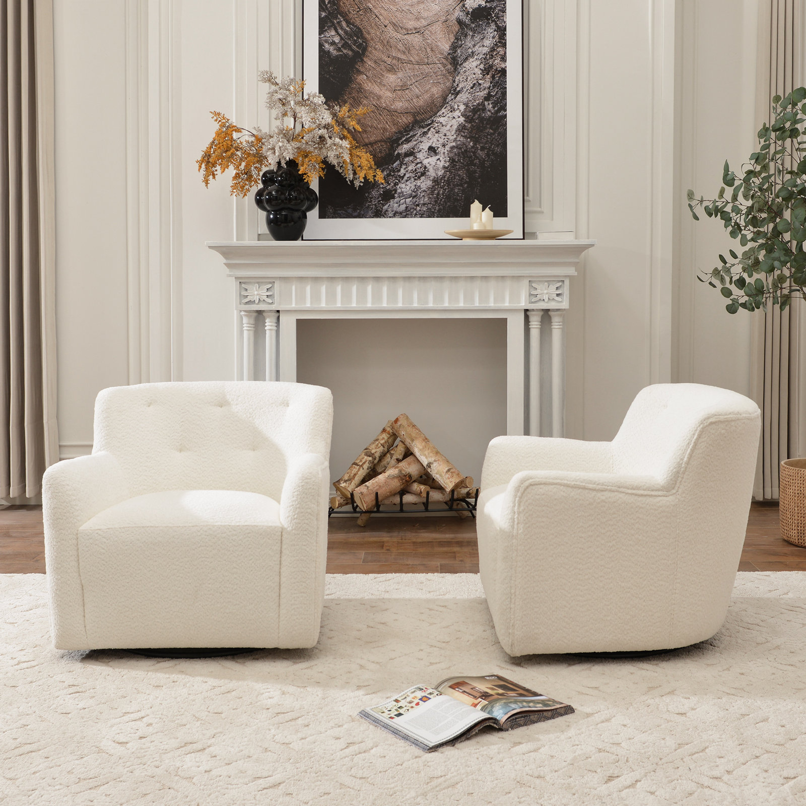 Fae Chenille Swivel Accent Chair, White Chenille