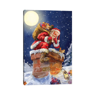 Père Noël à la cheminée avec lune - reproduction d'art sur toile tendue