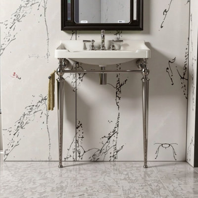 Lavabo de console de salle de bain mural 28 "avec support autoportant et barre à serviettes - Lavabo en céramique élégant, installation facile