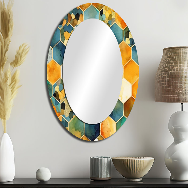 Colorfull Hexagone III - Miroir mural moderne multicolore, 36 po x 24 po
