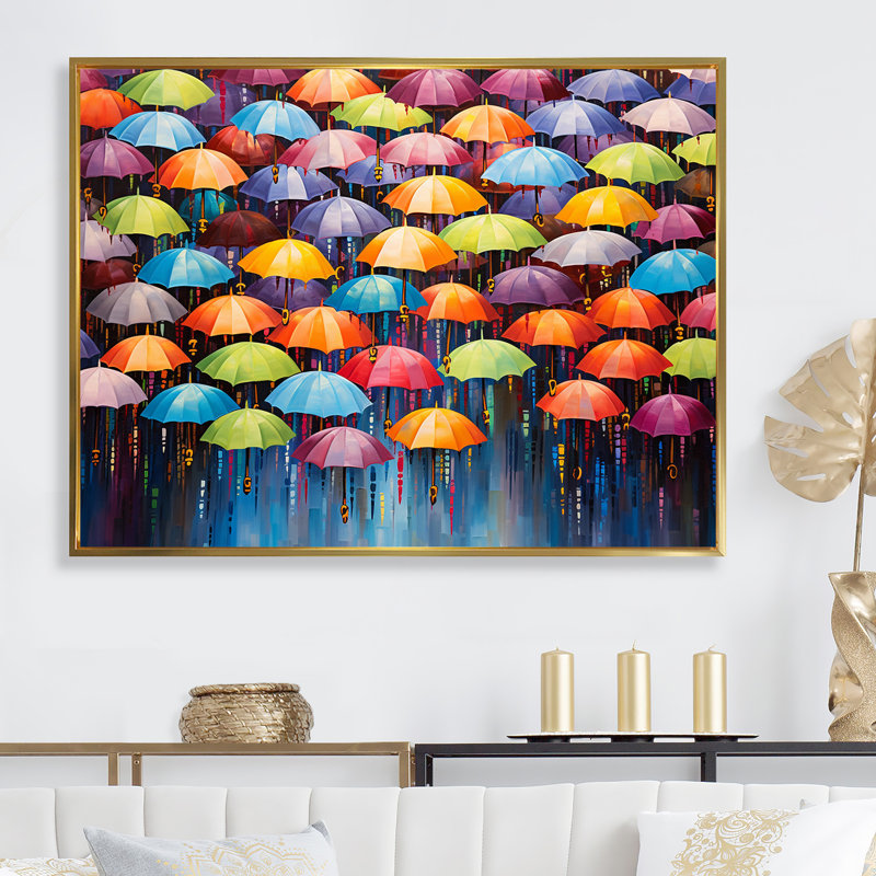 Ciel plein de parapluies colorés - décoration murale ciel, Cadre flottant doré, 12" H x 20" W