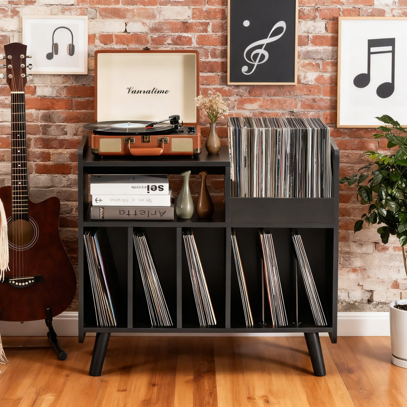 Large Record Player Cabinet With Open Vinyl Storage, Media Console Stand, Black