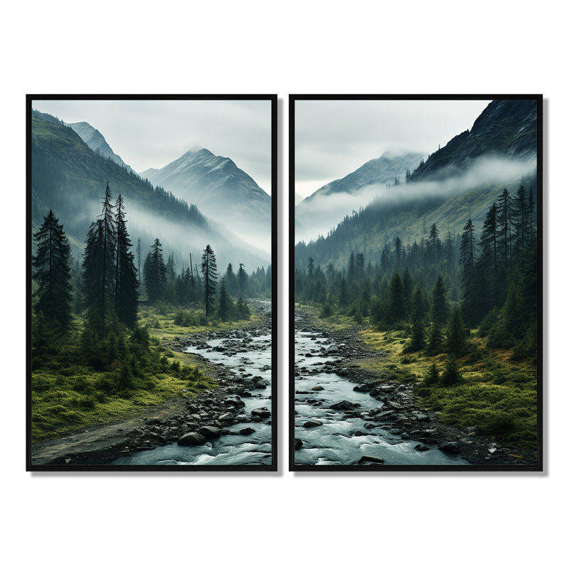 Canada Misty Mountains - art mural vert, Impression encadrée flottante, Noir, H 36 po x l 48 po