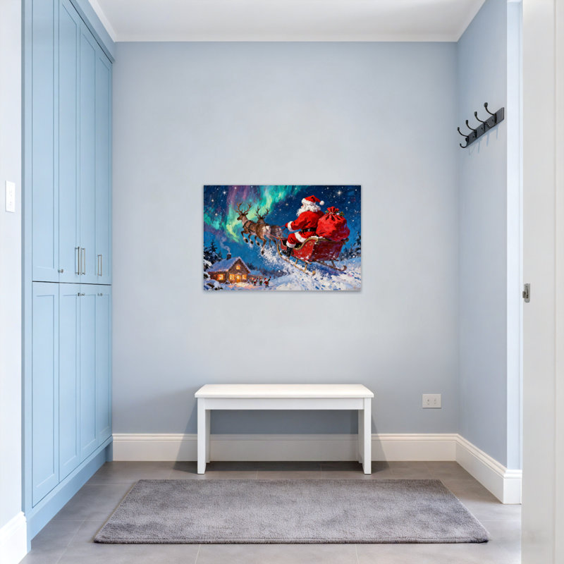 Noël, père Noël, traîneau, renne, aurore, maison, H 12 po x l 18 po