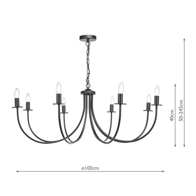 - Light Matt Black Pendant, 285cm H x 100cm W x 100cm D, 8 Lights
