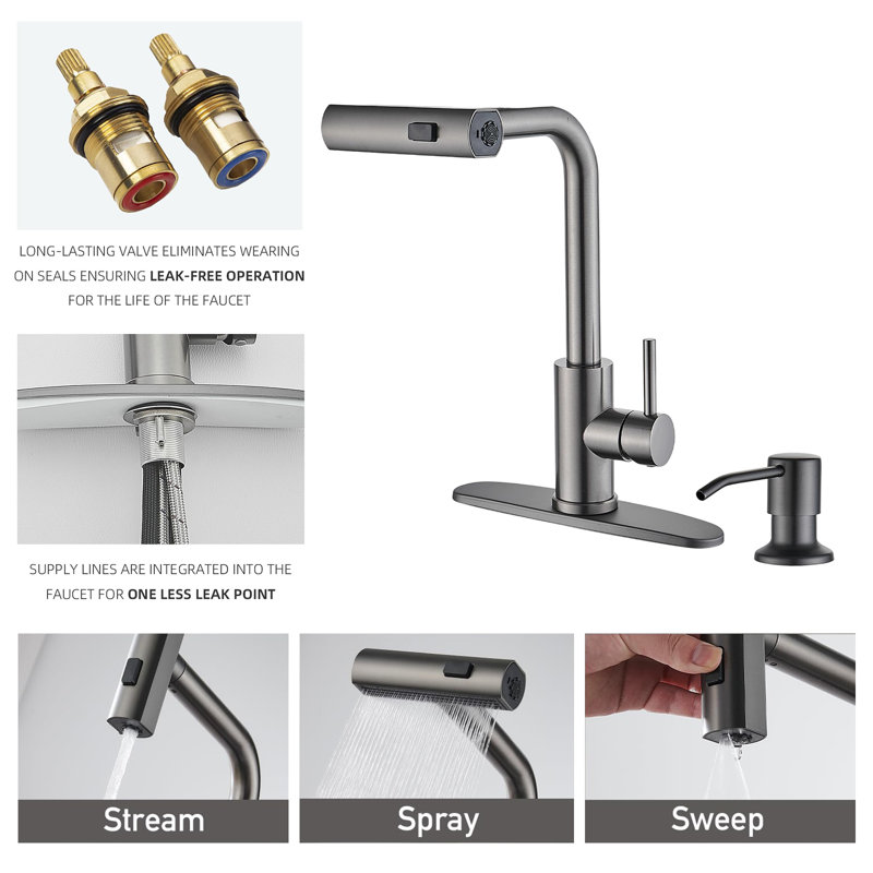 Modern Stainless Steel Single-Lever Kitchen Faucet With Pull-Down Nozzle With Soap Dispenser, Gun Gray