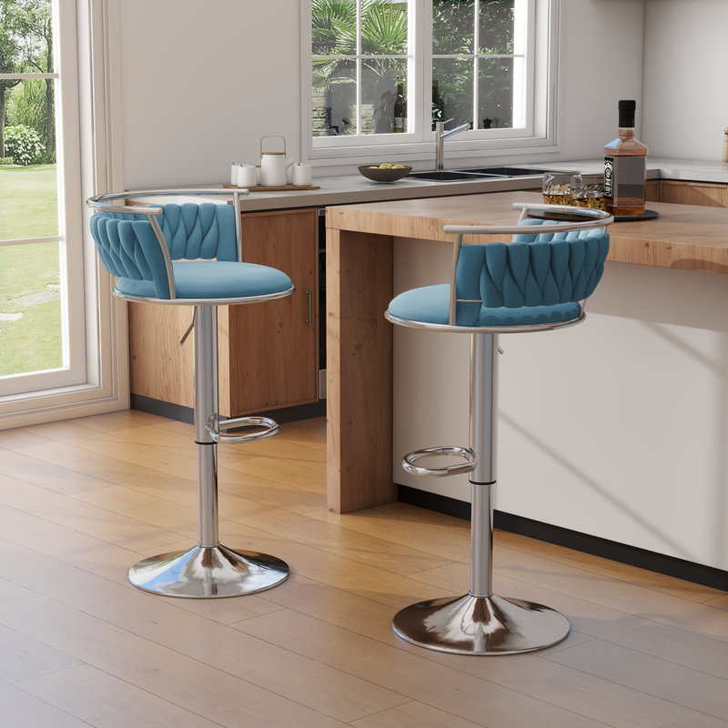 Tabouret de bar pivotant avec dossier Ginko, Bleu, Argent argent