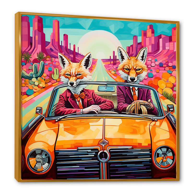 Art mural, renard aventureux au volant II, H 36 po x l 36 po x P 1,5 po, Cadre flottant doré