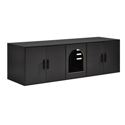 Enceinte de litière pour chat pour deux chats, armoire à litière cachée de 57,9 pouces, salle de bain pour chat en bois à deux compartiments, meuble télé d'intérieur ou table d'appoint, compatible avec la plupart des bacs à litière, noir