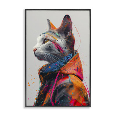 Stupell Industries Paint Splatter Cat Giclee Art By Roozbeh Bahramali In Midnight Black Framed Giclee
