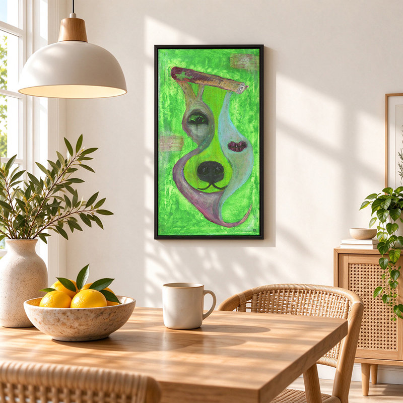 Tableau surréaliste représentant un visage de chien, H 58 po x l 28 po, Cadre en bois naturel