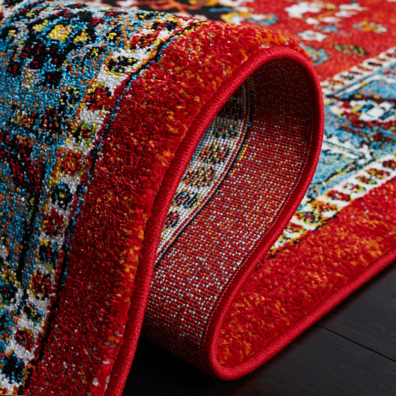 Tapis rouge / bleu Vintage Hamadan 266, Carré 6 pi 7 po