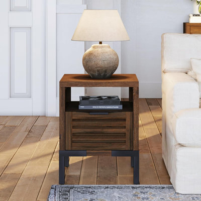 Millie Solid Acacia Wood Nightstand With Drawer And Open Shelf, Pre-Assembled Rustic Industrial Side Table For Bedroom Or Living Room