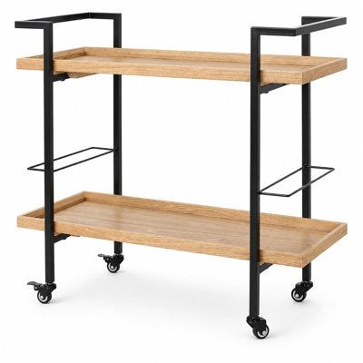 Modern Industrial Wood and Metal Rolling Bar Cart with Two Lipped Shelves, Two Wine Bottle Holders, Locking Casters, and Sleek Handle