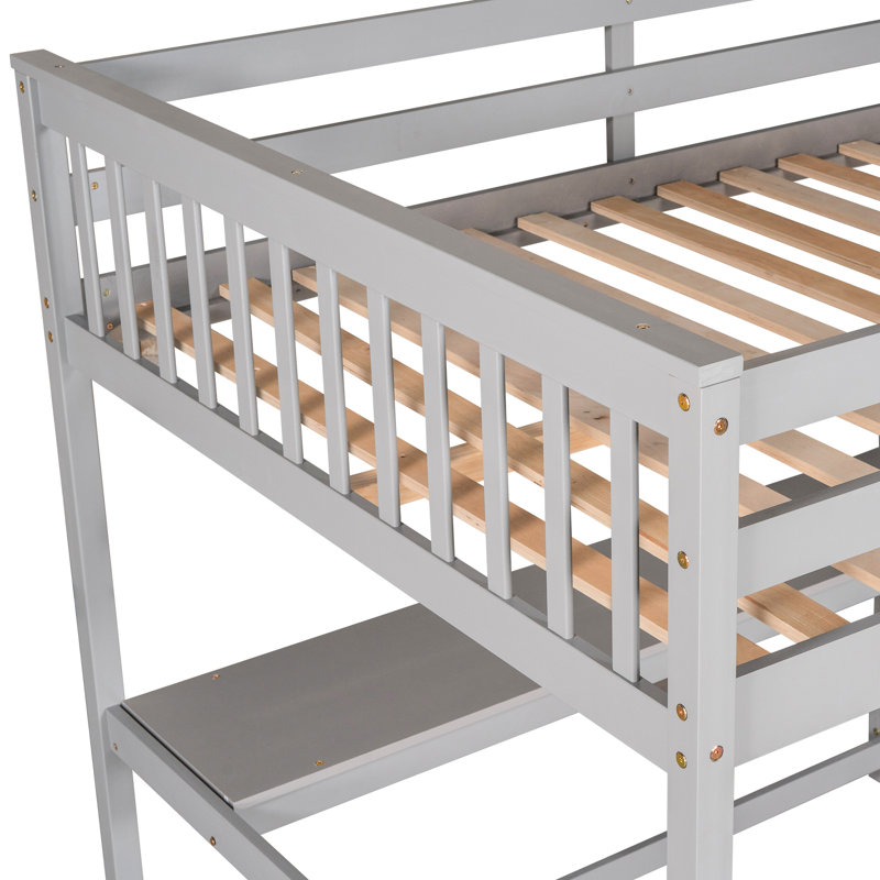 Lit mezzanine double gris avec tablette et rangement pour bureau. Fabrication en bois. Taille de la chambre à coucher sous le cadre.