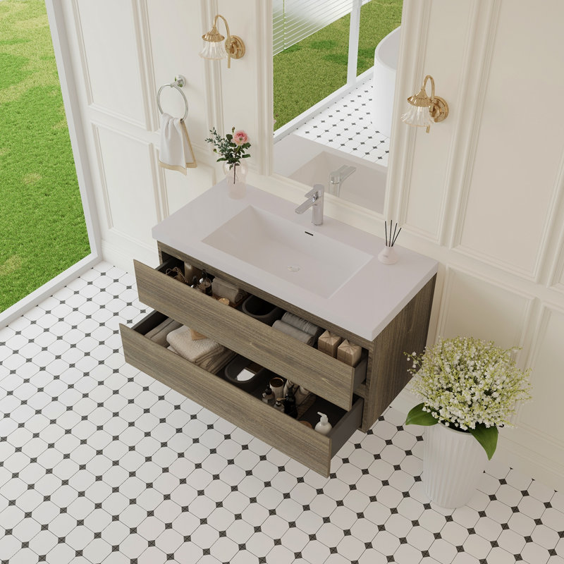 Meuble-lavabo mural de 42 po avec lavabo, meuble-lavabo mural moderne avec lavabo à surface solide et tiroirs à fermeture en douceur, gris cendré 24V11-42AG