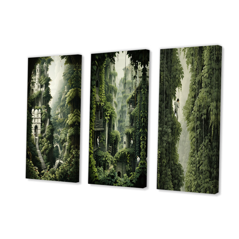 Château caché forêt dévoilée I - ensemble de 3 décorations murales forêt, H 28 po x l 36 po, Toile tendue