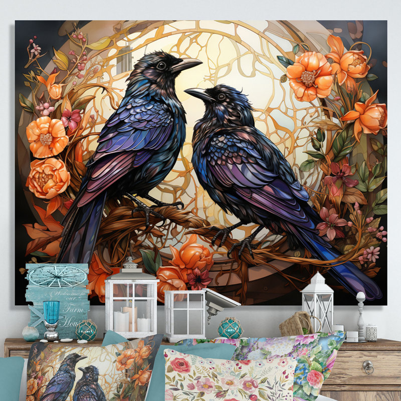 Corbeau enchanté monarques sur toile, H 16 po x l 32 po x P 1 po, Toile tendue