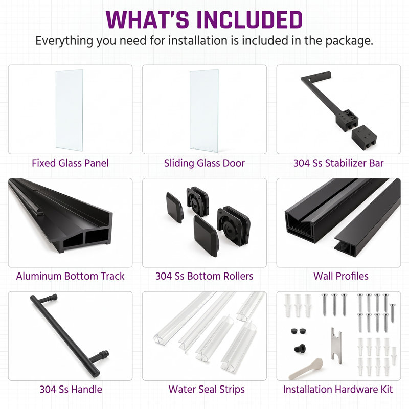60" Frameless Sliding Shower Door with Open-Top Design, 8 mm Clear Tempered Glass, Bottom Rollers and Matte Black Hardware