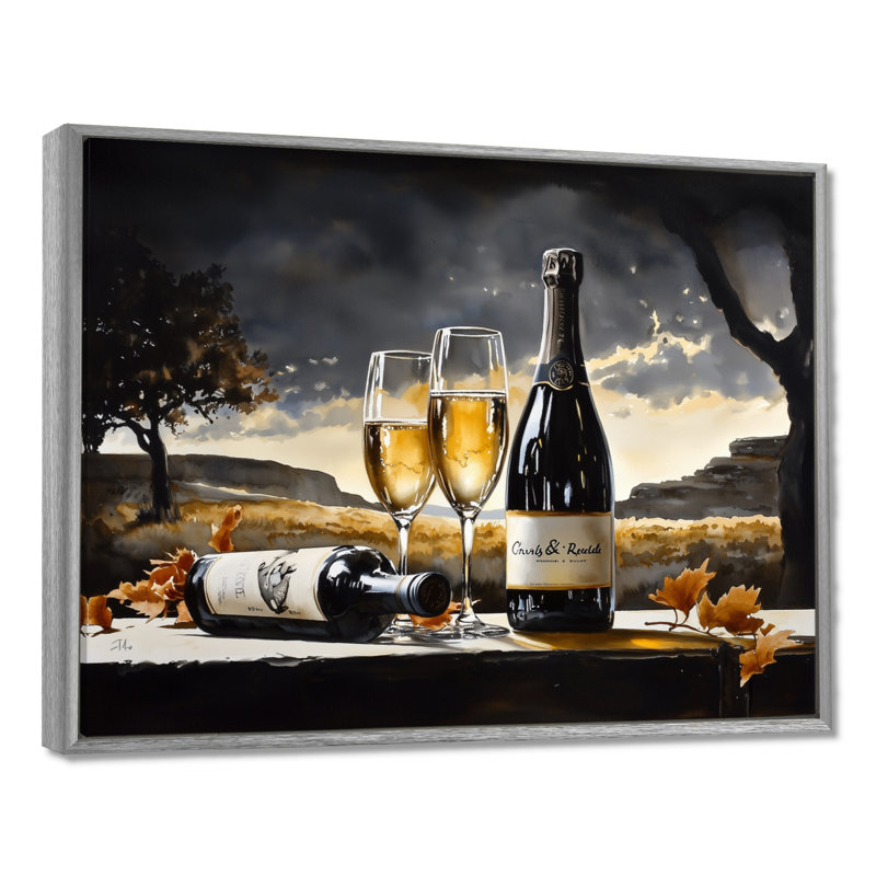 Reproduction d'art vin et champagne, Reproduction avec cadre flottant, Argent argent, H 16 po x l 32 po