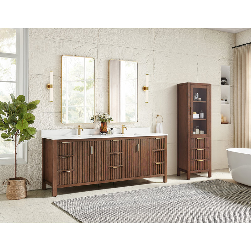 Dessus de meuble-lavabo double 84 po Charnley, Chêne brun foncé vieilli / or brossé