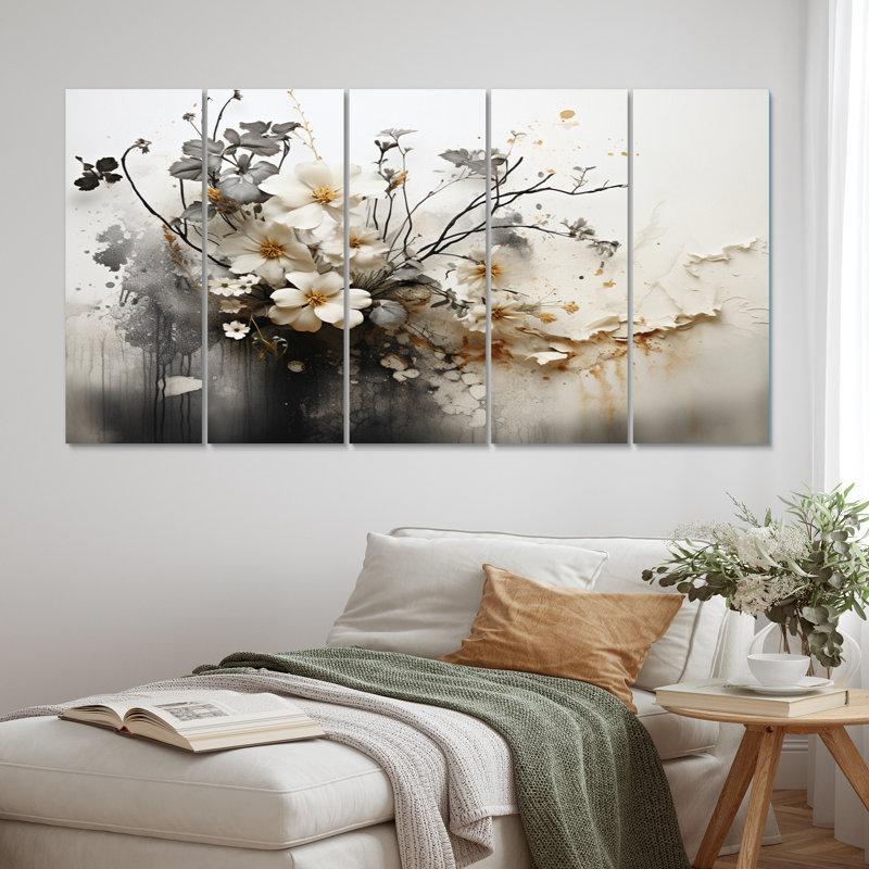Bohemian Earthly Floral Collage I - Art mural abstrait, salon - 5 panneaux égaux