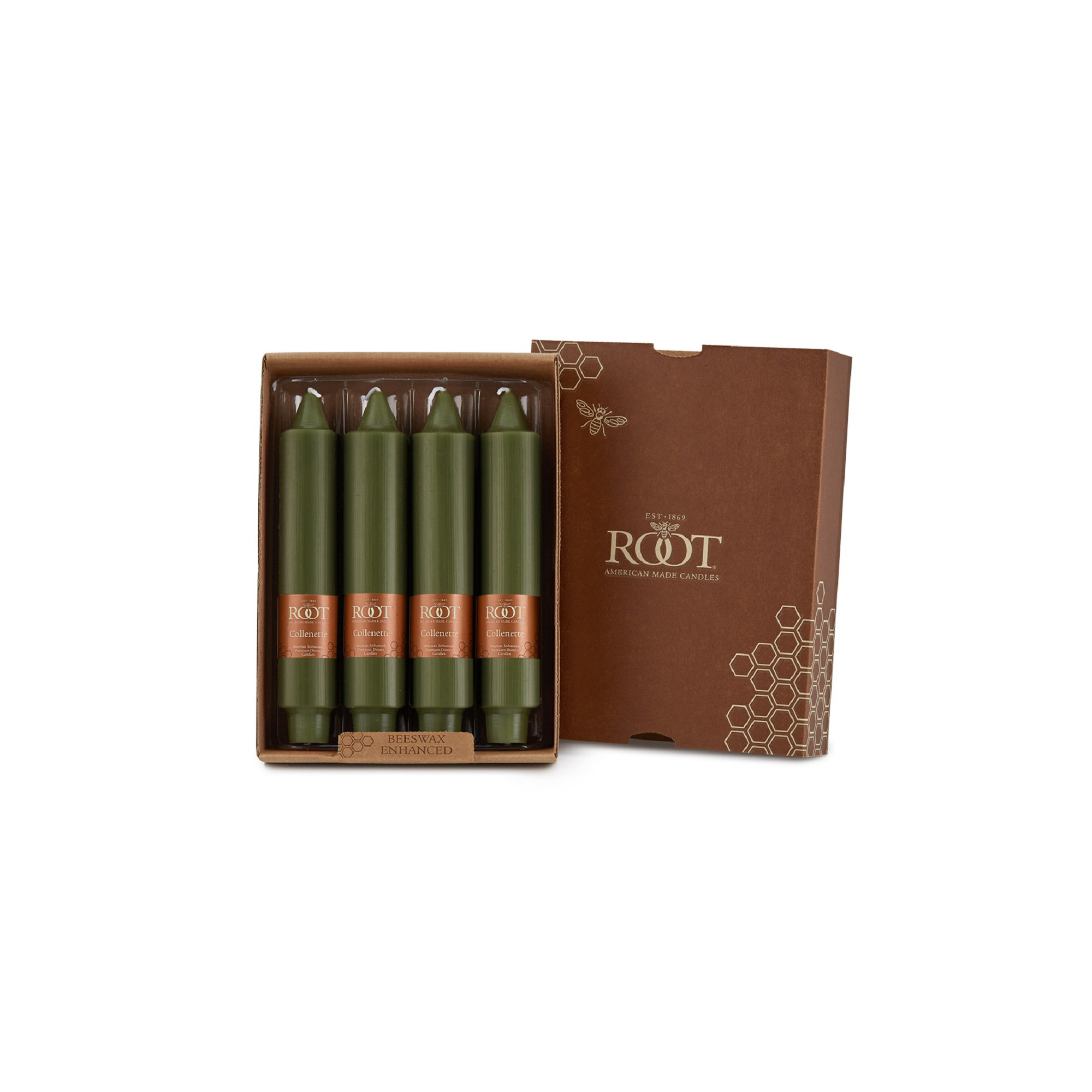 Smooth Collenette Unscented Taper Candle, Dark Olive, 7" H x 1.25" W x 1.25" D