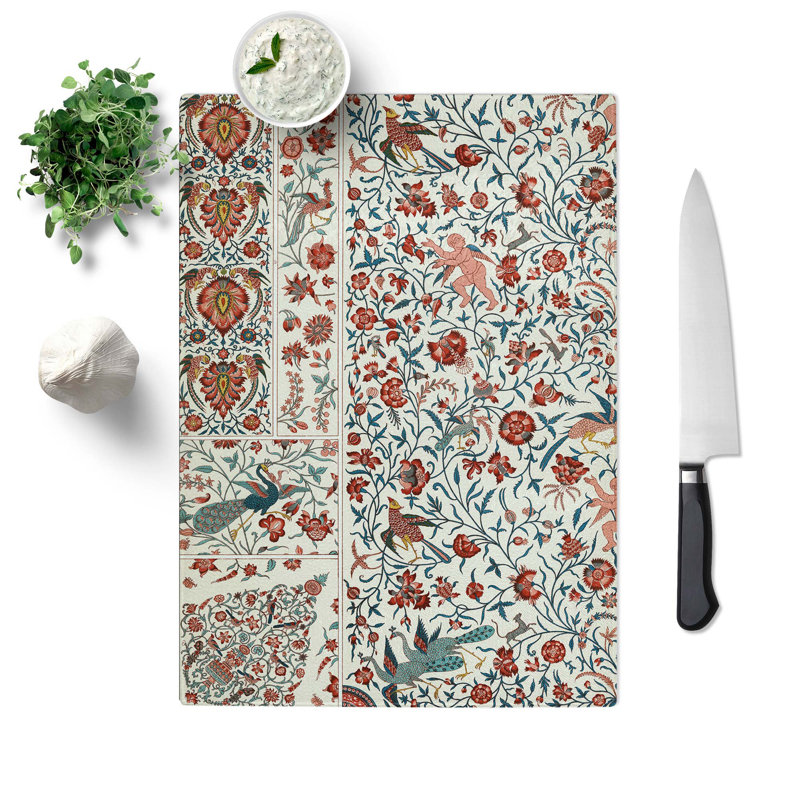 Tempered Glass Persian Flowers & Birds by Albert Racinet Chopping Board, 28.5 cm W x 39 cm L