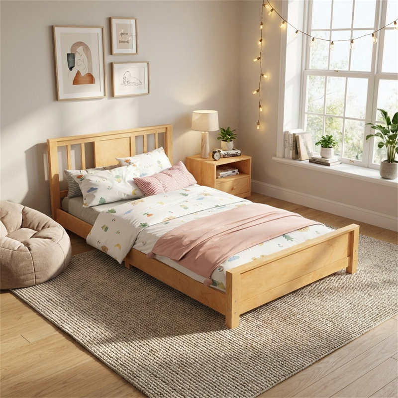 Twin-Size Bed Frame, Low-Profile Platform Bed With Headboard, No Spring Box Required, Natural Wood Finish, Brown