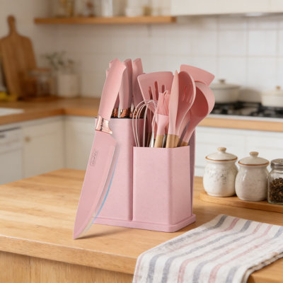 Ensemble d'ustensiles de cuisine 19 pièces en silicone avec couteaux et support, outils de cuisson antiadhésifs avec poignées en bois