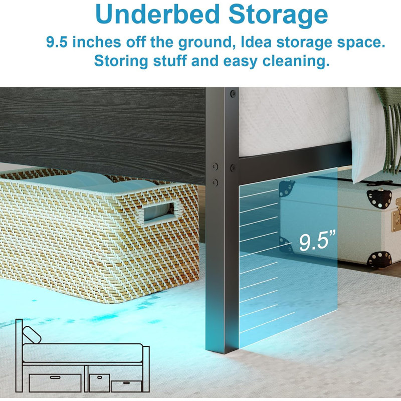 Bed Frame with Charging Station, LED Light Metal Bed Frame with Wooden Headboard, No Box Spring Required, No Noise, Easy Assembly