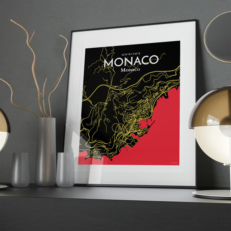 Monaco City Map, impression, Noir / rouge / jaune, H 20 po x l 16 po