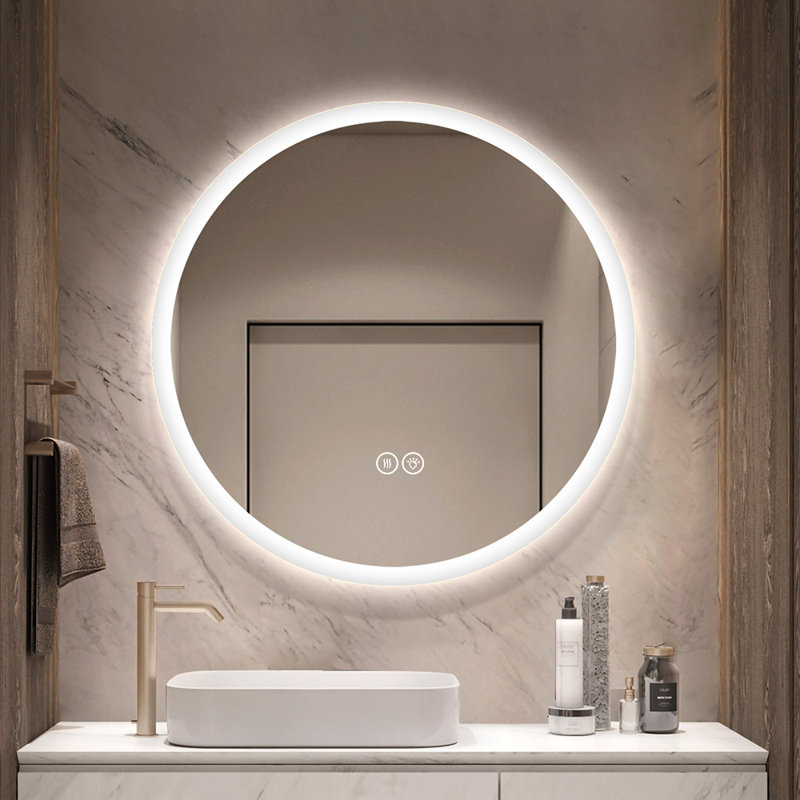 32 Inch Round Frameless LED Bathroom Vanity Mirror with Dimmable 3 Color Lighting Anti Fog and Memory Function