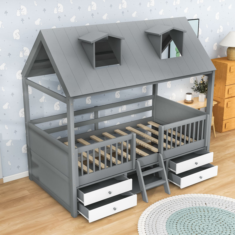 Structure de lit en bois avec de charmantes lanterneaux de toit et beaucoup de rangement, Simple, Gris