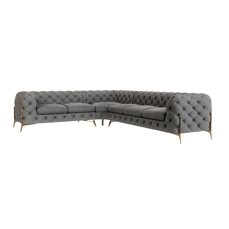 L-shape Corner Chesterfield Sofa  with Gold Metal Legs, Grey, Right Hand Facing