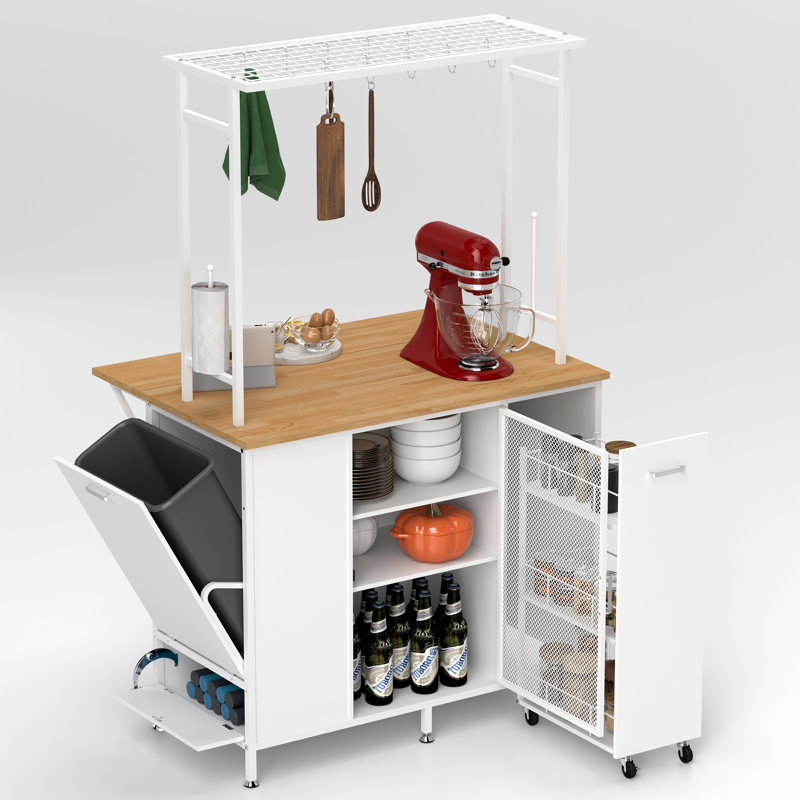 Îlot de cuisine blanc avec bar à déjeuner pliable, armoires de rangement, tiroirs et crochets de bar à café | Idée de cadeau