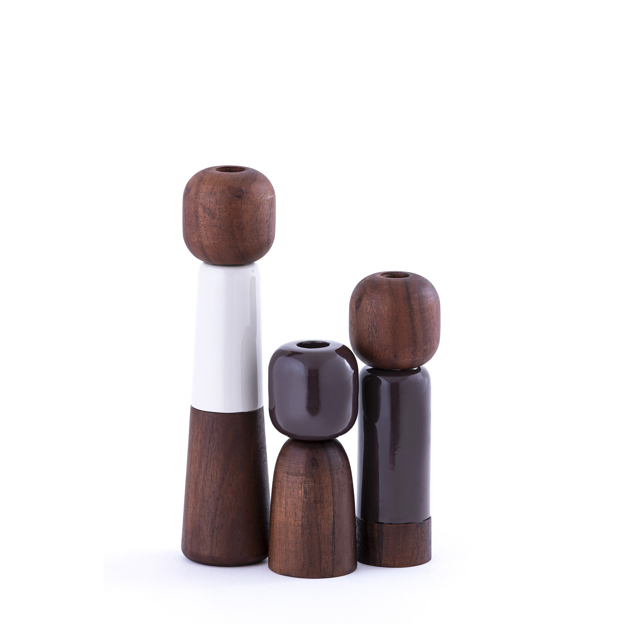 Candle Holder W/Top And Bottom In Wood & Mid Metal