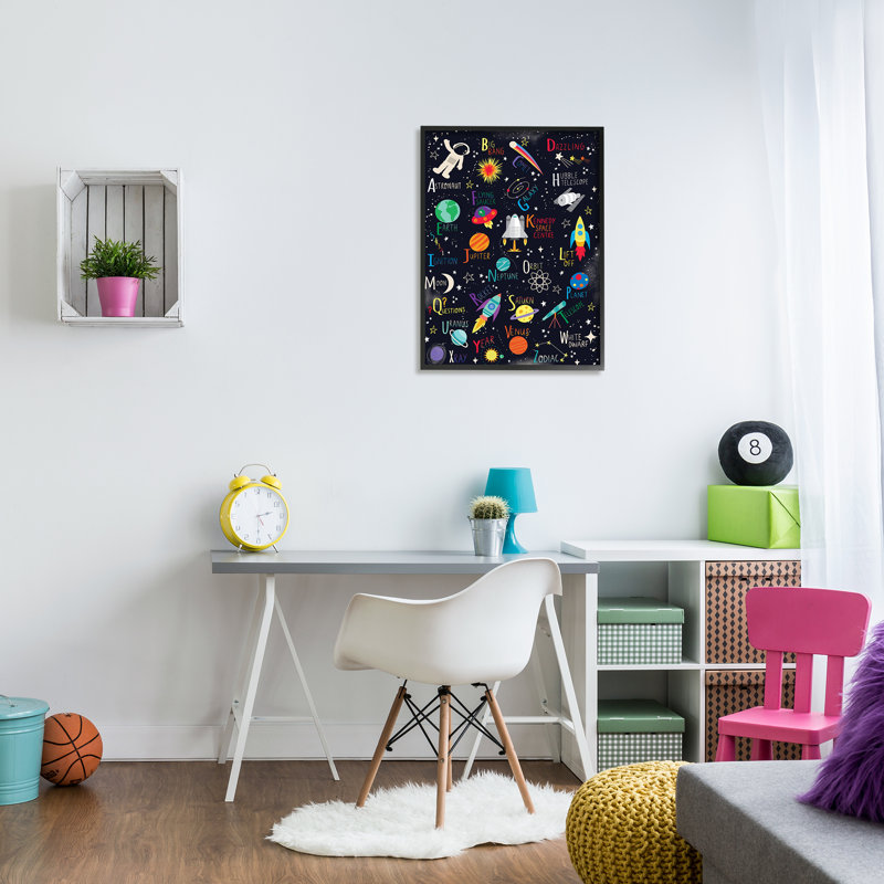 Outer Space Fun Alphabet Kid's ABC - Art textuel, H 30 po x l 24 po x P 4 po, Giclée encadrée noir minuit
