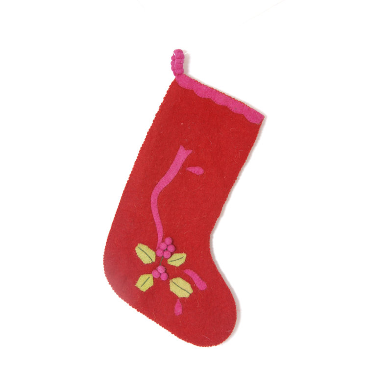 Hand Felted Red Wool Christmas Stocking with Holly Berries