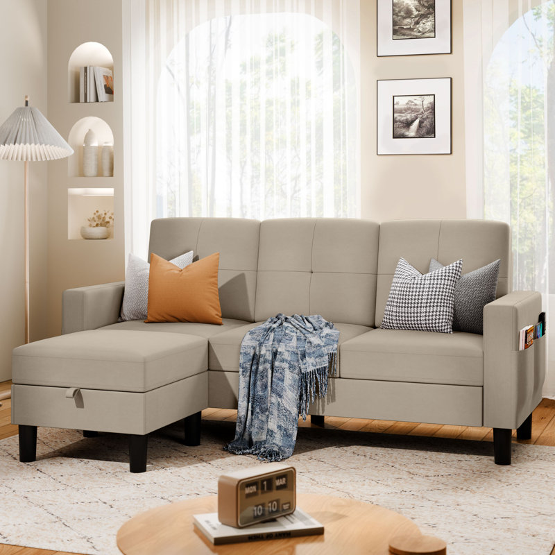 Azura 76.4“ Sofa Couch with Ottoman, Light Brown Cotton Blend
