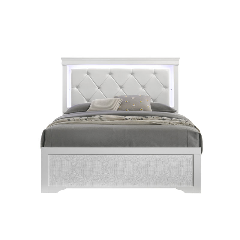 Mylhana Upholstered Standard Bedroom Set, Queen, White, 4 Pcs: Bed, Dresser, Nightstand, Mirror