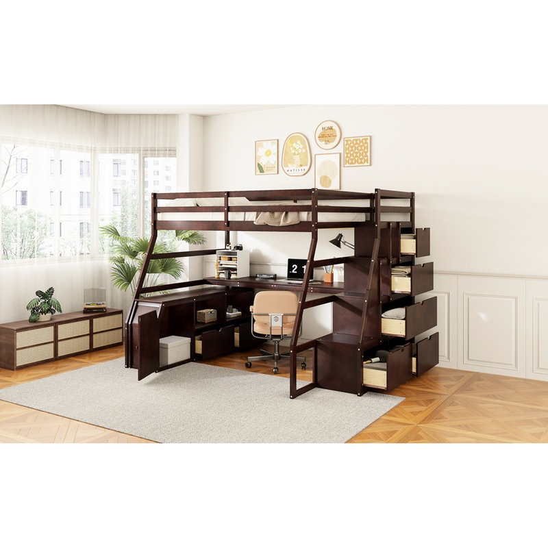 Lit mezzanine double avec 7 tiroirs, 2 tablettes et bureau - lattes en contreplaqué de construction pour un soutien optimal dans le bureau