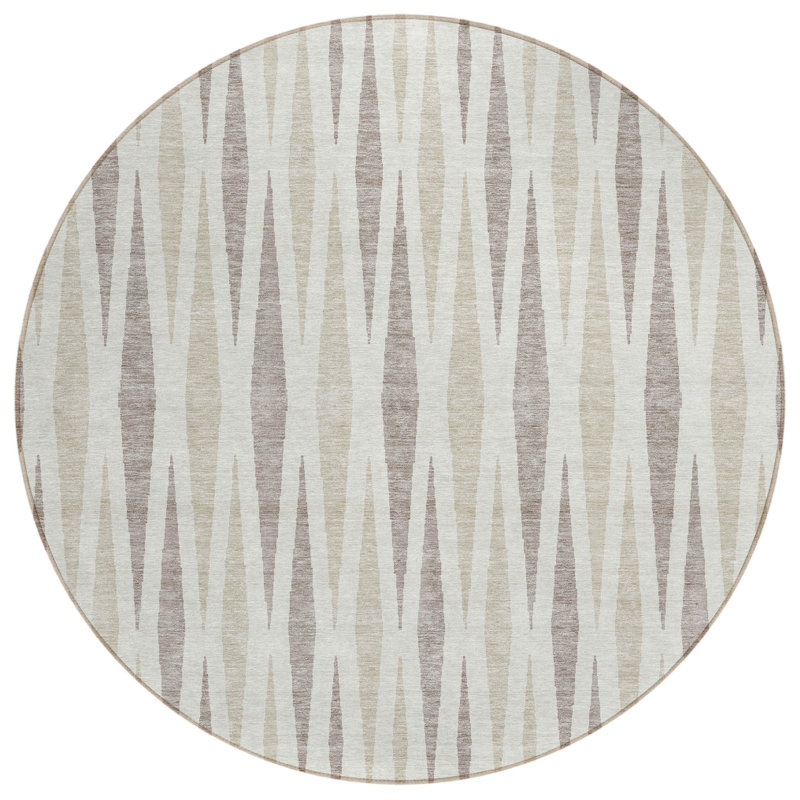 Tapis d'intérieur rond lavable géométrique ivoire et brun 8 pi