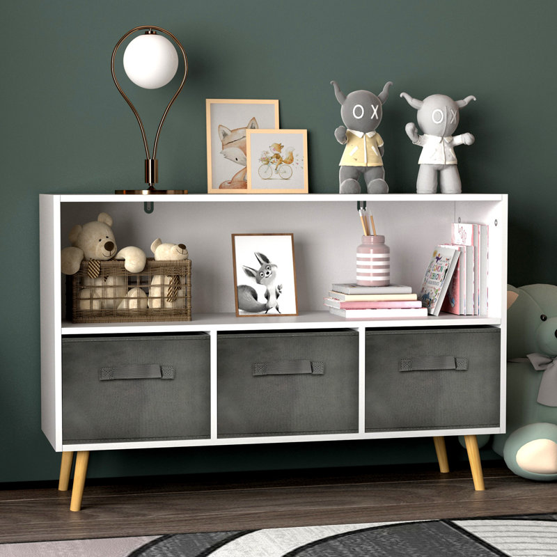 Bibliothèque avec tiroirs pliables en tissu, Blanc / Gris