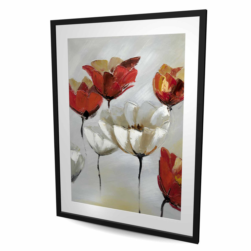 Fleurs abstraites rouges et blanches - reproduction botanique encadrée