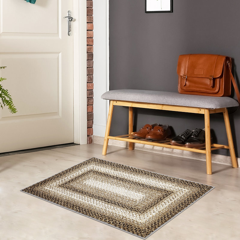 Farmhouse Doormat 2x3 Small Washable Rug with Non Slip TPR Backing, Rustic Braided Print Accent Rug, Low Pile Non Shedding Bath Mat, Soft Thin Foldable Carpet for Entryway Kitchen, Beige